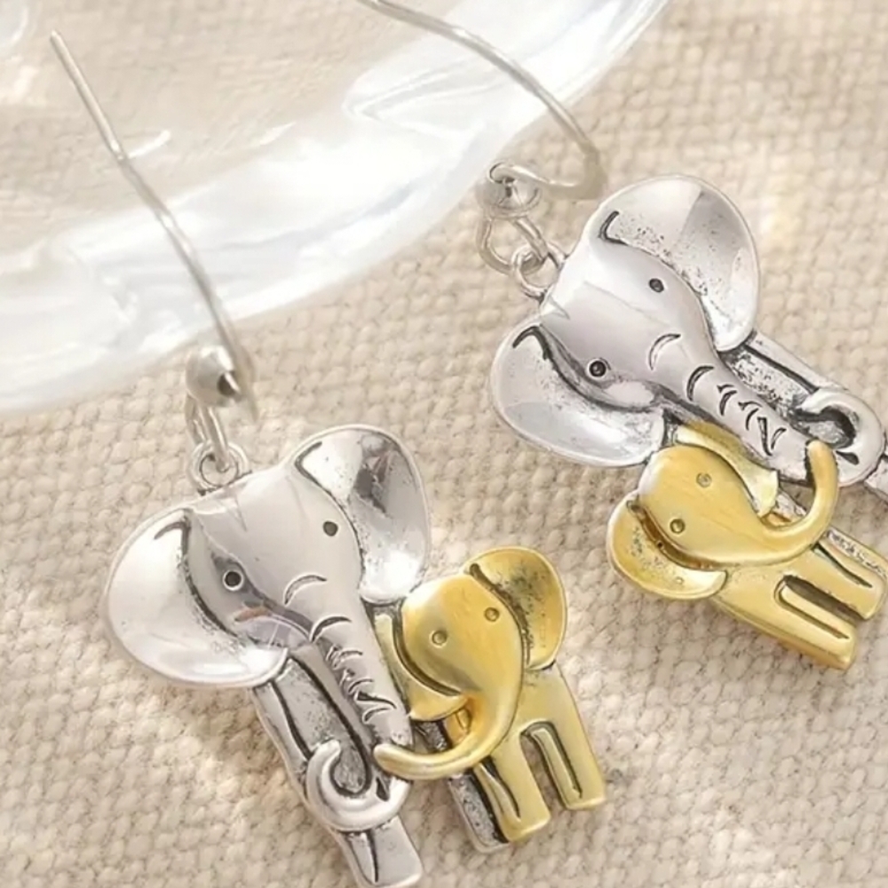 Silver and Gold Elephant Earrings - Picture 2 of 4